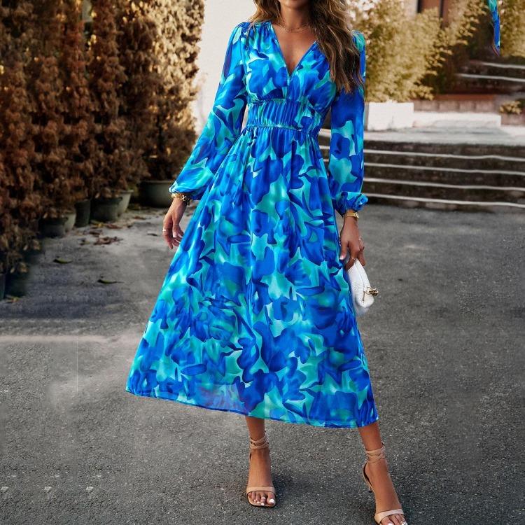 Autumn Winter Women Casual Dress Long Sleeve V Neck Print A Line Knee Length High Waist