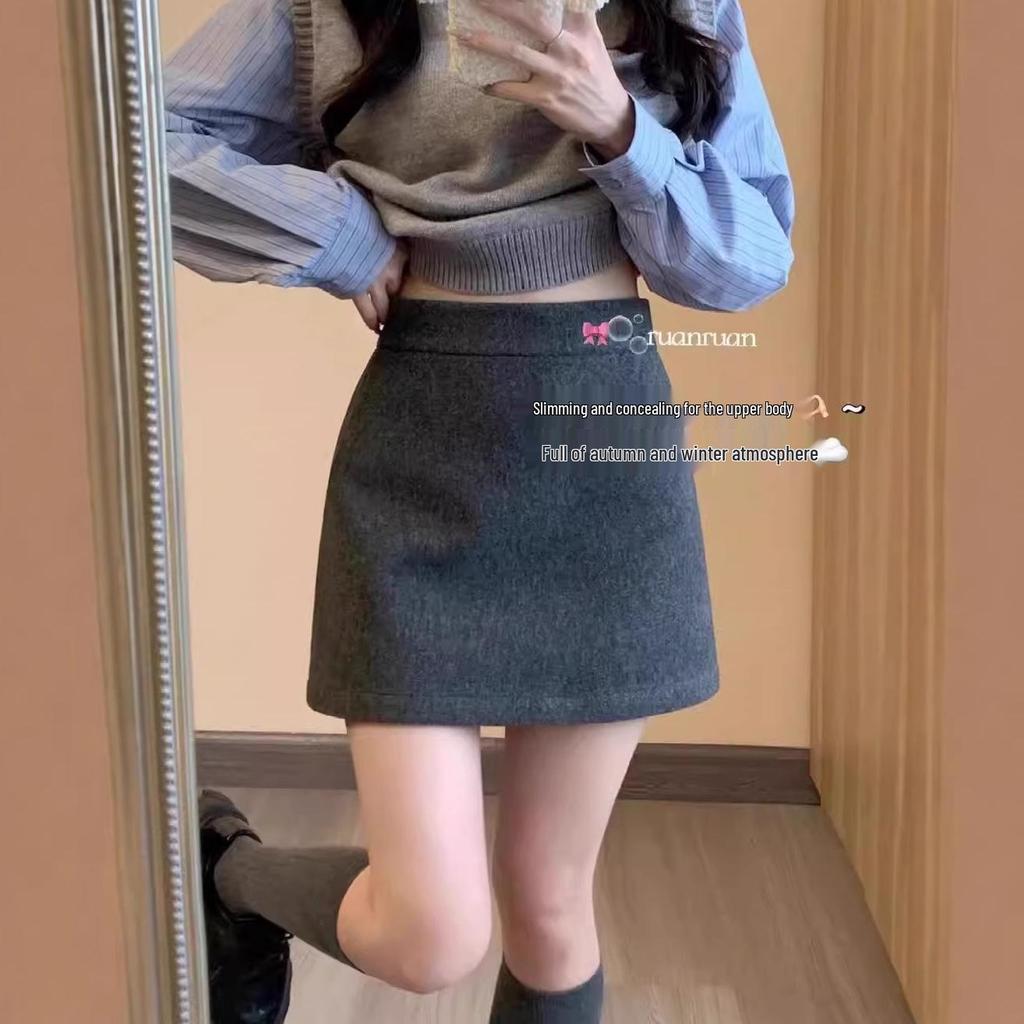 Women's High Waist Gray Wool Blend A-line Skirt - Petite Plus, Autumn/Winter 2026 Collection, Elastic Hip Wrap, Short Length