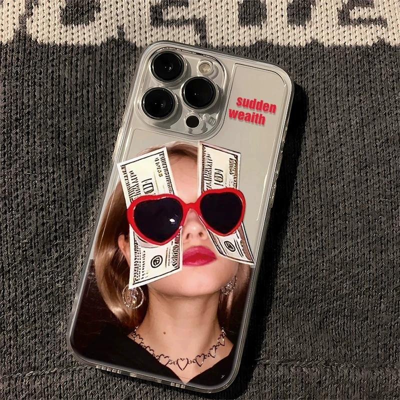 Y2K Aesthetic Sudden Wealth Money Girl Clear Phone Case, Cool Retro Baddie Shockproof Soft Protective Cover for iPhone