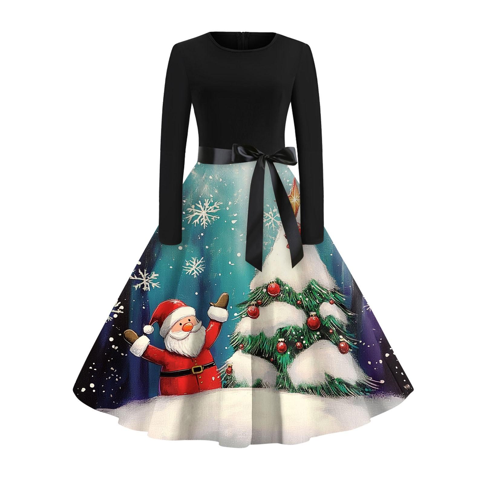 Рождественский принт расклешенное платье для женщин платье с длинным рукавом полые — фото 4