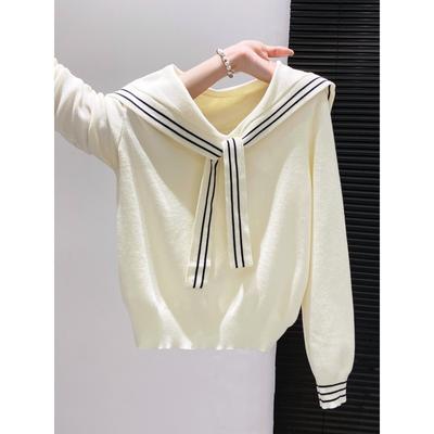 Temperament Soft Waxy Knitted Sweater Niche Long-sleeved Sweater Women's Autumn New College Style Navy Collar Shawl Strap Top
