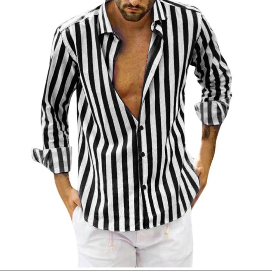 Men Fashion Vertical Striped Long Sleeve Casual Button Down Dress Beach Shirt