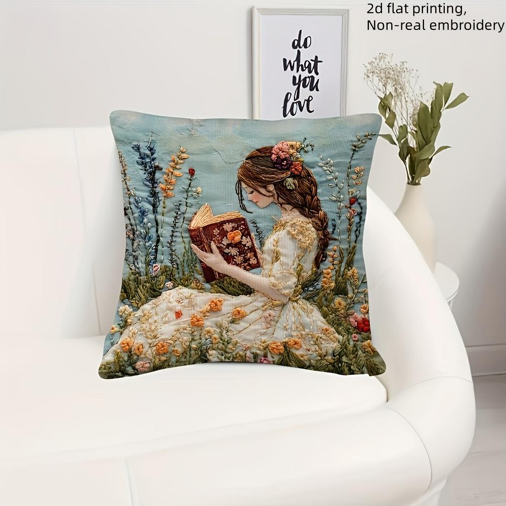 Enchanting 2D Printed Pillow Cover: Girl Reading Book Amidst Floral Wonderland Sofa cushion cover, home decoration, 2D printing