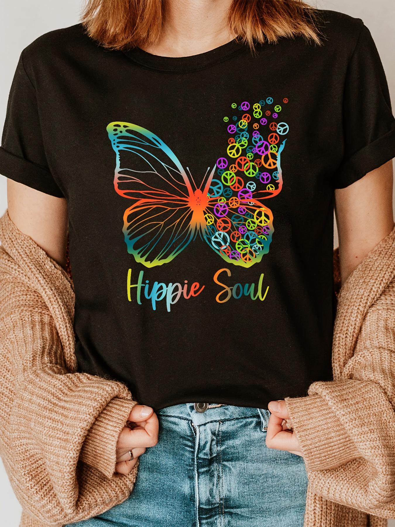 

Hippie Soul Butterfly Print T-shirt, Short Sleeve Crew Neck Casual Top for Summer & Spring, Women s Clothing 5XL різнокольоровий