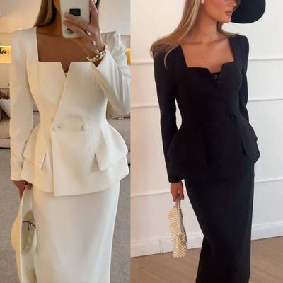 2 Pcs/Set Women Coat Skirt Suit Square Neck Double-breasted Solid Color Long Sleeve Top Slim Fit Skirt Prom Business Office Outfit