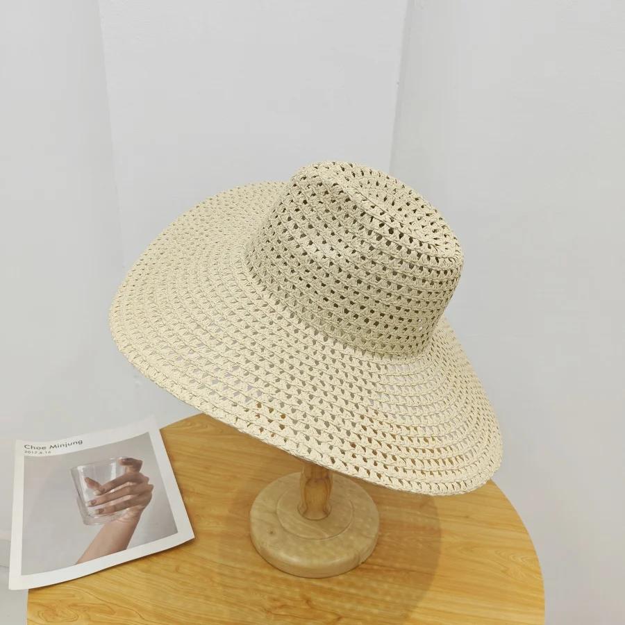 New British Hollow Breathable Mesh Straw Hat Designer Jazz Top Sunshade Beach Hat Women s Summer Seaside Resort Big Brim Sun Hat бежевый