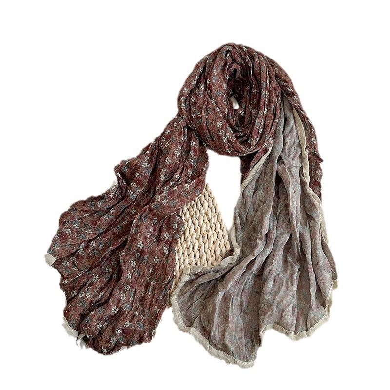 Autumn Winter Floral Scarf Retro Versatile Korean Version Cotton And Linen Scarves Women'S Thin Breathable Shawls