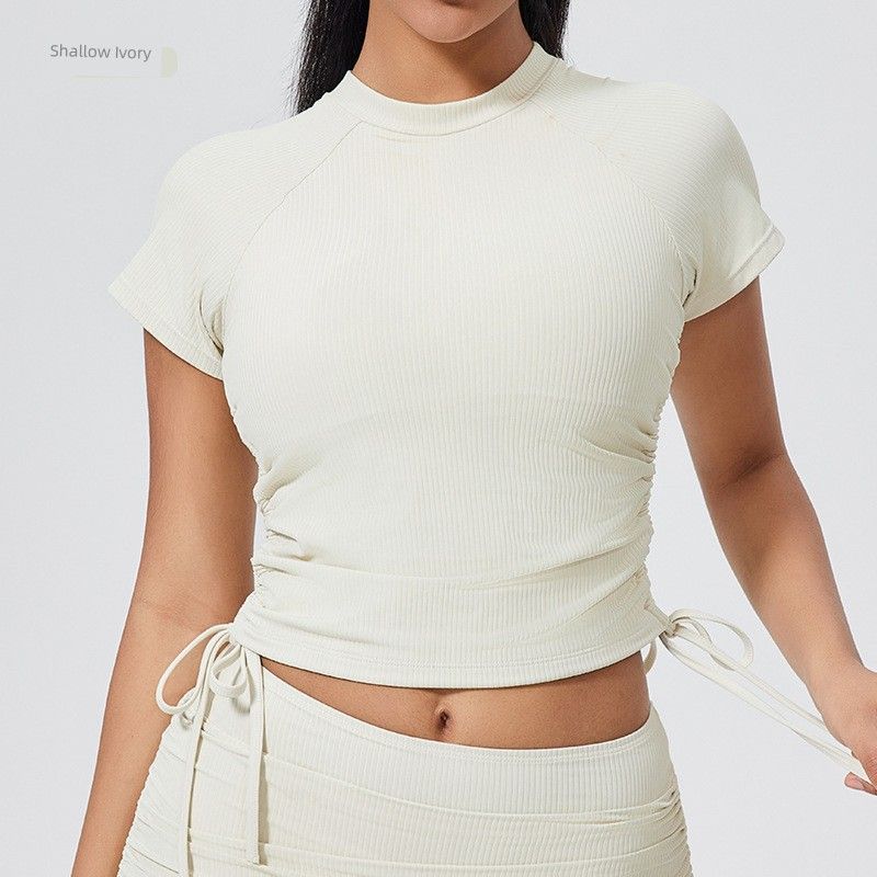 

Rib Nude Feel Yoga Short Sleeve Drawstring Pleated Yoga Clothes Wrinkle Sports Fitness Top Women s Tight Chest Pad Quick-Drying Elastic Shallow Ivory(With chest pad) L