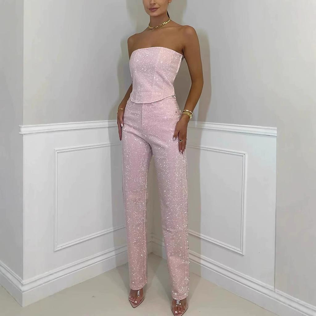 Sexy Off-the-shoulder Shiny Vest Diamond Trousers Suit Two-piece Women