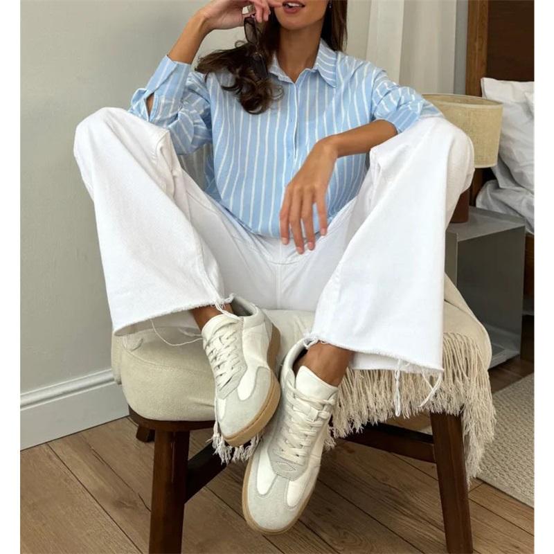 Women's summer striped shirt long-sleeved lapel loose shirt