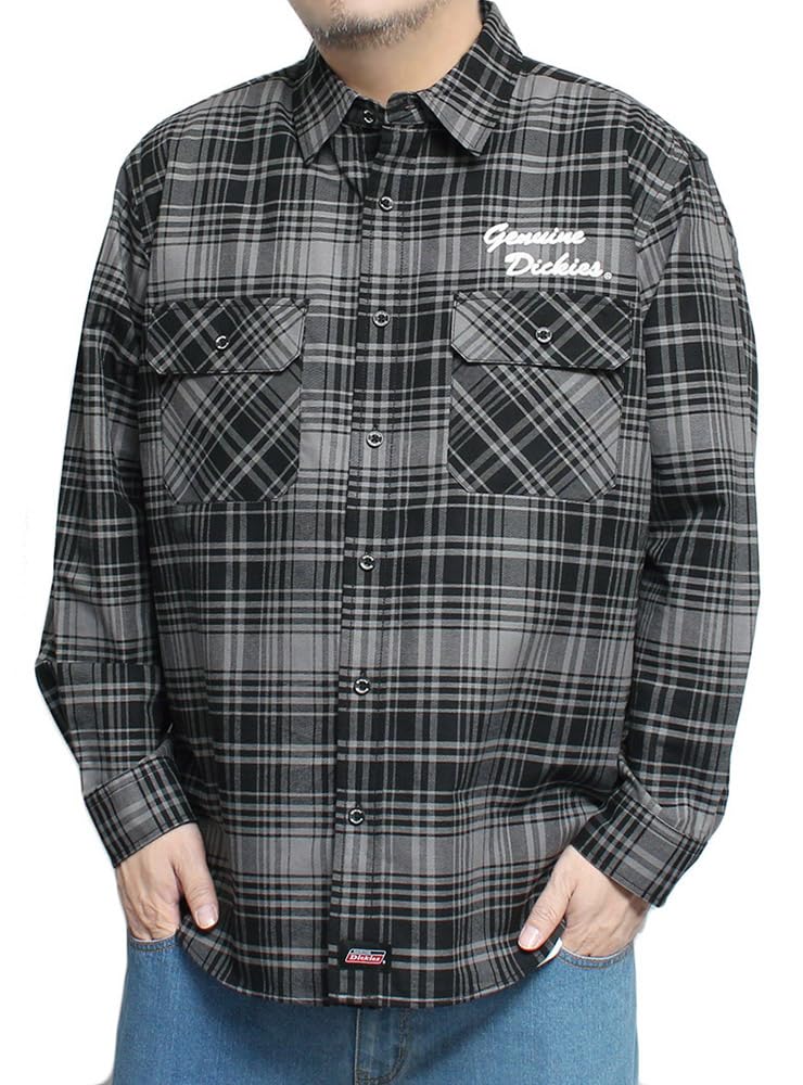 GENUINE DICKIES Men's Check Shirt with Embroidered Logo, Long Sleeve Oxford Shirt, Size 4L, Black (39)
