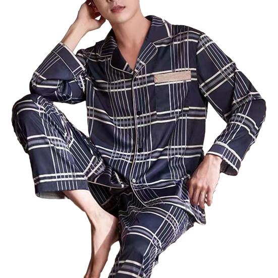 2 Pcs/Set Men Fall Winter Pajamas Set Striped Turn-down Collar Color Matching Single-breasted Loose Wide Leg Elastic Waist Homewear Shirt Trousers