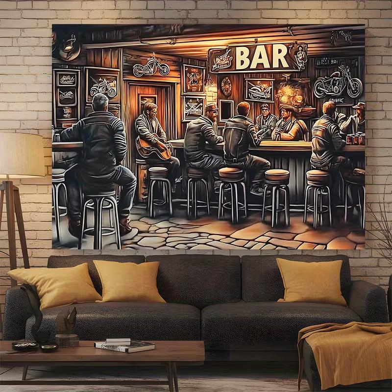 2D Western Biker Bar Banner Cozy Tavern & Live Guitar Party Background