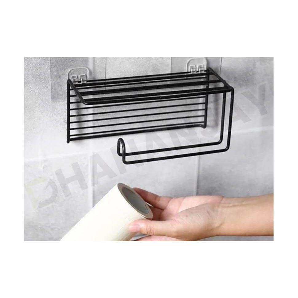 Self Adhesive Toilet Paper Holder/Tissue Paper Roll Holder with Mobile Stand/Towel Bar Hanger Storage Rack/Bathroom Accessories (Black)