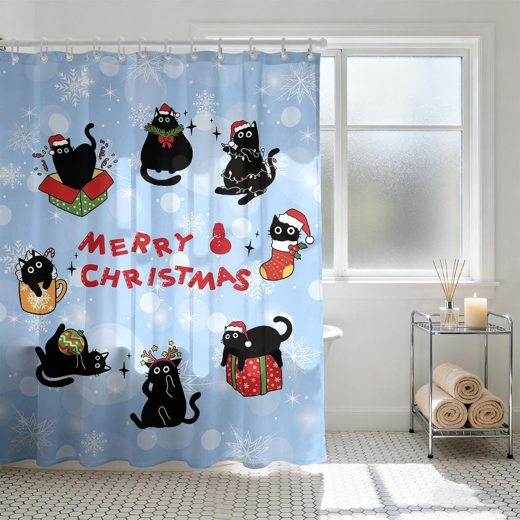 GAE1 Christmas black cat print waterproof shower partition privacy hanging curtain 12 hooks multi size decoration machine wash