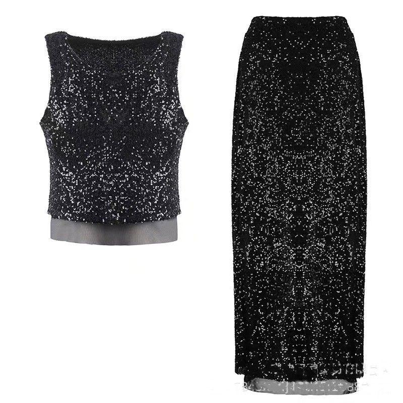 

Western Style Sexy Sequins Vest Top Skirt Two-Piece Sequin Vest Half Skirt Set Black M