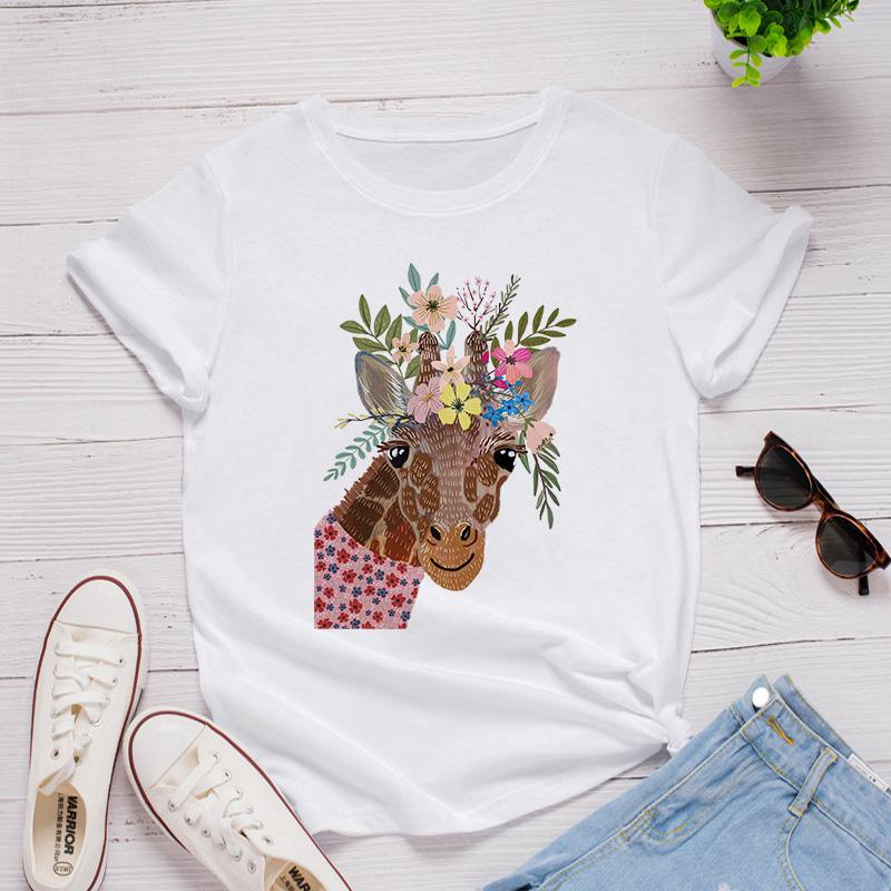 Graphic Women Tees Tops Cartoon Sika Deer Head Print Tshirts Funny Tshirt Casual Harajuku Female T-Shirt Funny Printed T-Shirt