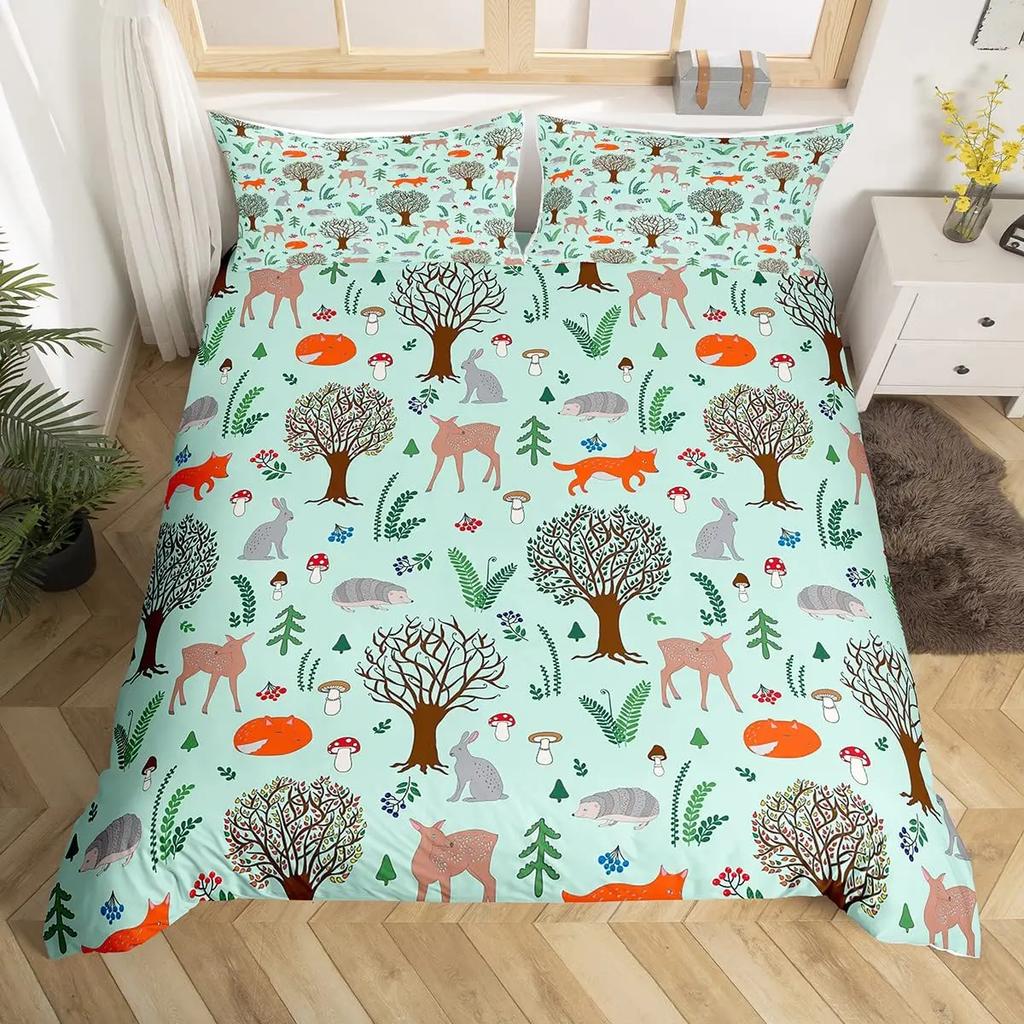 Comforter Cute Forest Animals Theme S King Size Fox Deer Rabbit Owl Hedgehog Flowers Comforter Set 2/3Pcs Bedding Set