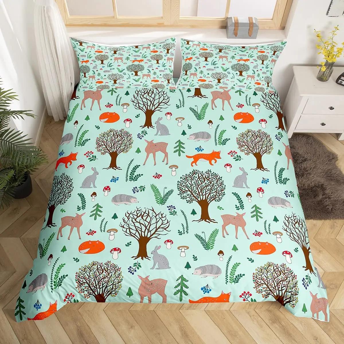 

Cute Forest Animals Theme Duvet Cover Sets King Size Fox Deer Rabbit Owl Hedgehog Flowers Comforter Set 2/3Pcs Bedding Cover Set EU Single(135*200cm)3pcs