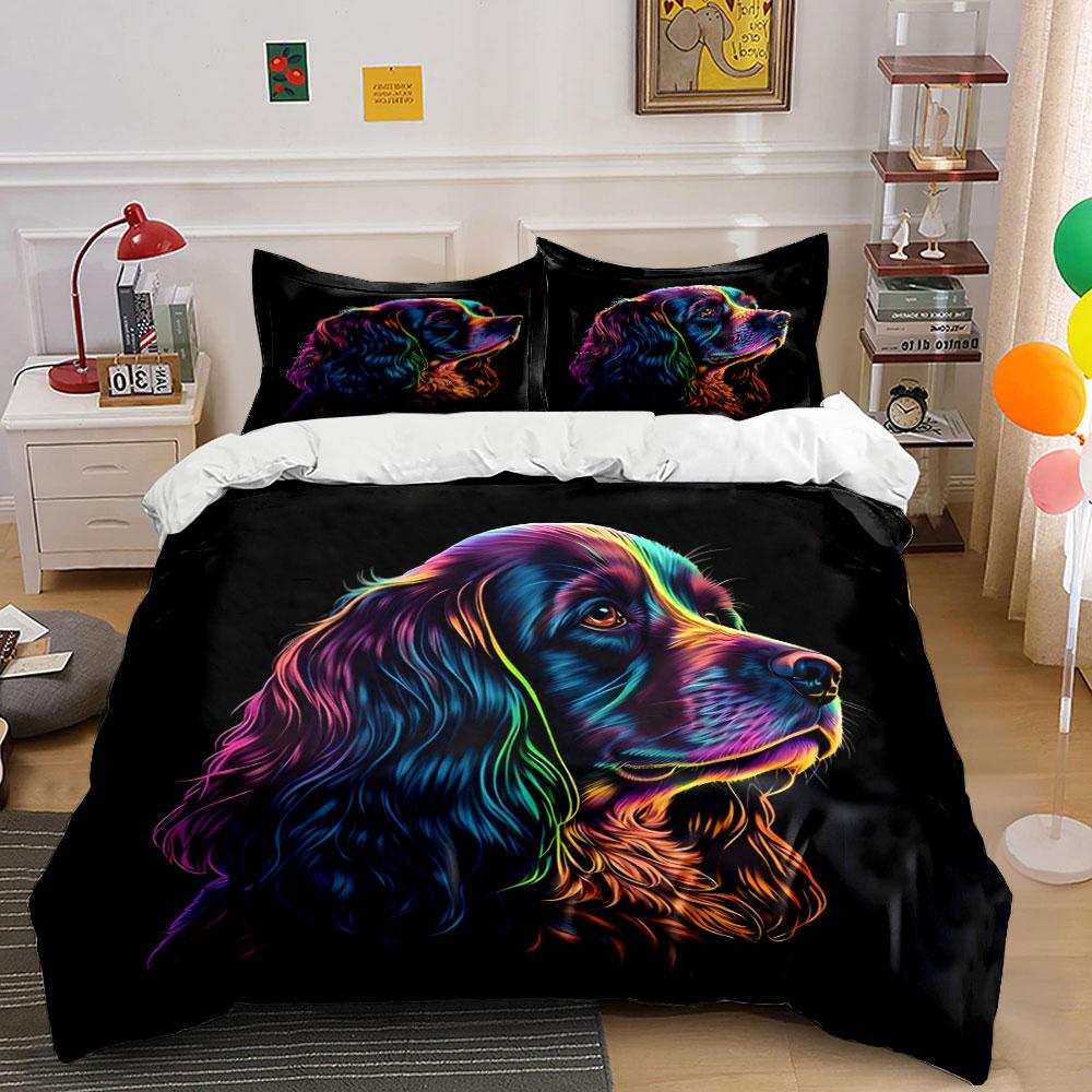 3Pcs Neon Spaniel Bedding Set, Colorful Rainbow Cocker Spaniel Print Duvet Cover + 2 Pillowcases, Dog Lover Decor