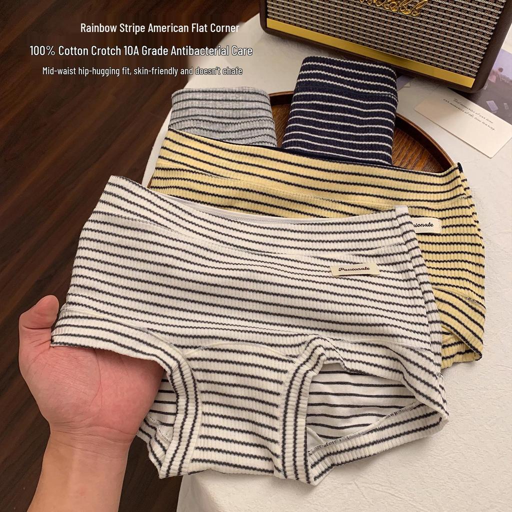Women's Retro Stripe Low-Rise Cotton Antibacterial Boxer Briefs with Extended Crotch