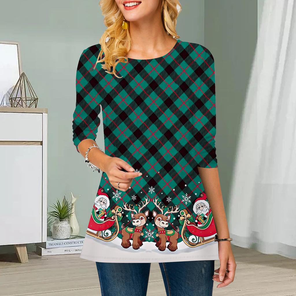 Übergröße Damen Blumen Schneeflockendruck Rundhals Lässiges lockeres Langarmoberteil