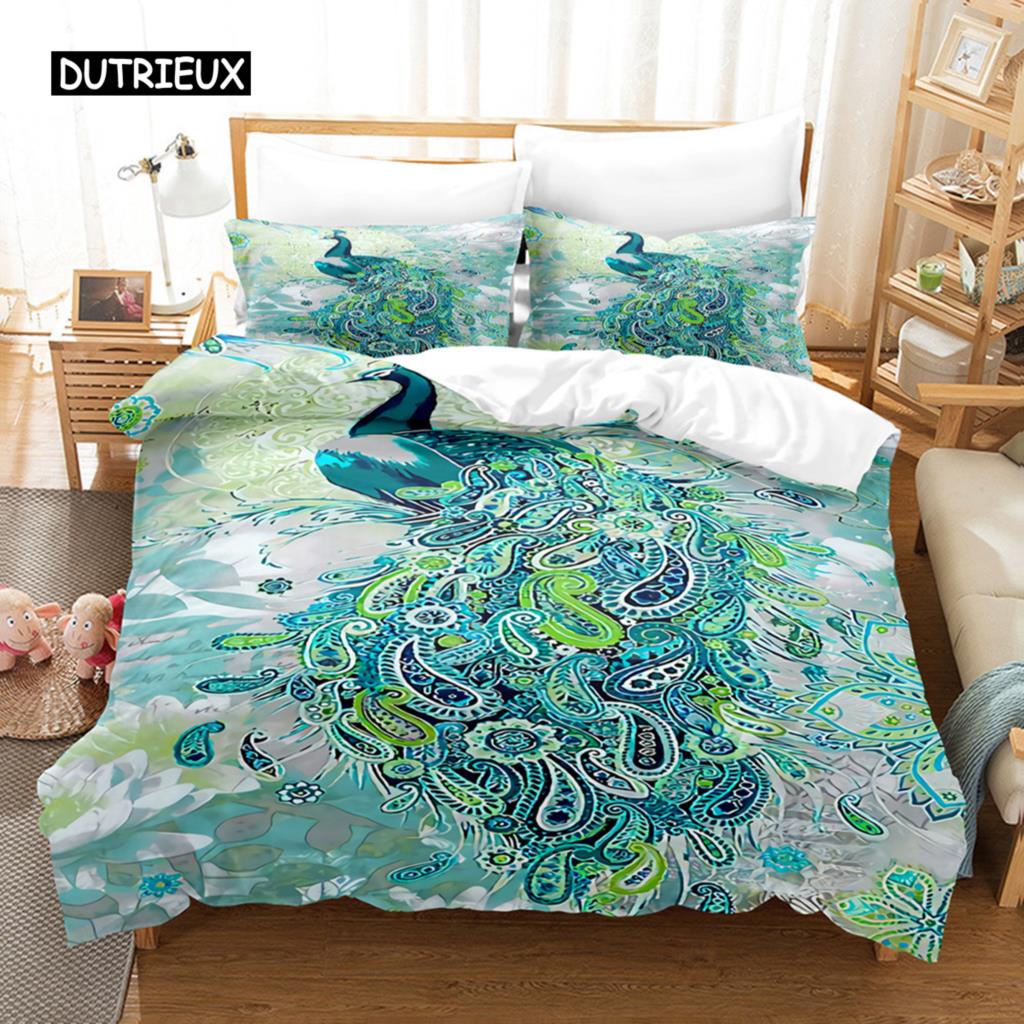 Duvet Cover Peacock Exotic Birds Animals Quilt Cover Polyester Feather Butterfly Flowers Bedding Set King For Girls Teen Room