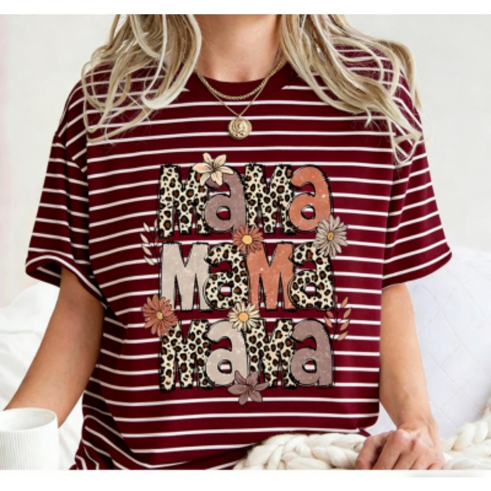 Funny Striped Flower Leopard Mama Print Kids Short Sleeves T-Shirt Loose Casual Summer Outdoor Street Boy and Girl Tees Tops