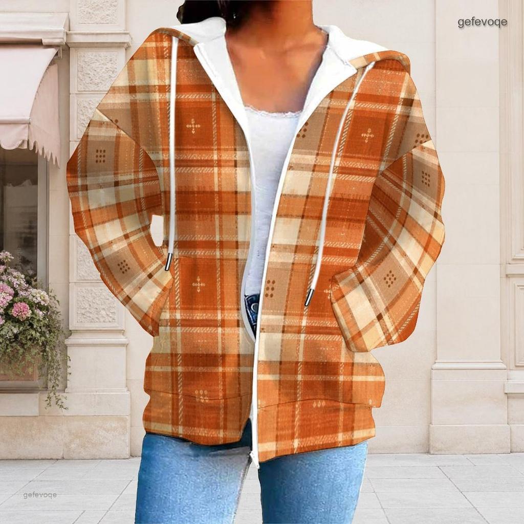 Women Plus Size Zip Up Long Sleeve Printed Hoodie With Drawstring And Pockets