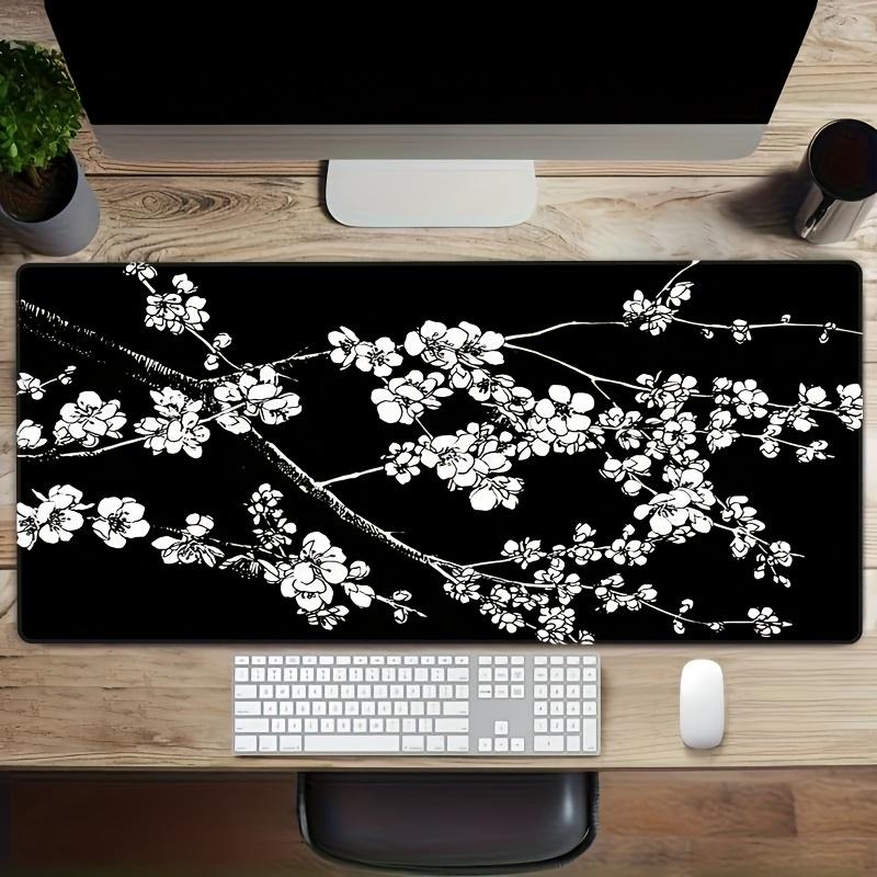 pc Large Floral Mouse Pad  NonSlip Rubber Base Durable Stitched Edges Black with White Cherry Blossom Design