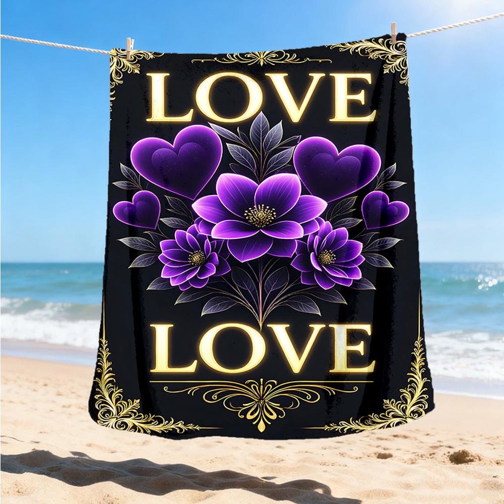 1pc Purple Flowers Love Throw Blanket Polyester Fiber, Lightweight Flannel, Soft & Warm, All Season Use for Outdoor, Camping