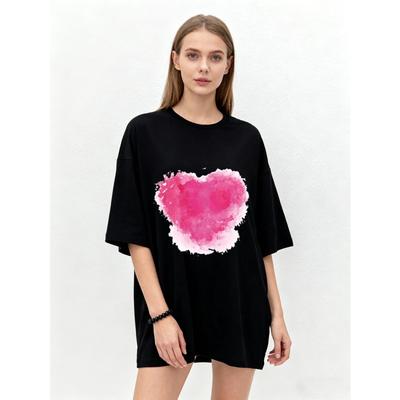 Übergroßes T-Shirt Schwarz Pink Aquarell Herzdruck Lässig Alltagskleidung