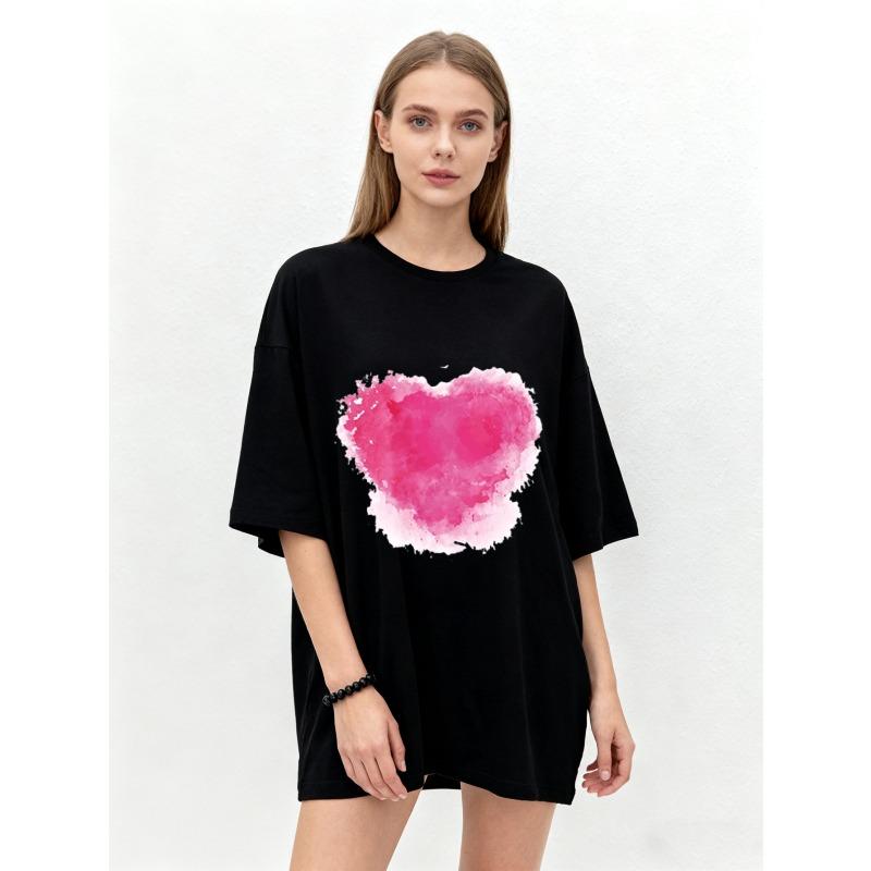 

Oversized T Shirt Black Pink Watercolor Heart Print Casual Everyday Wear XXXXL