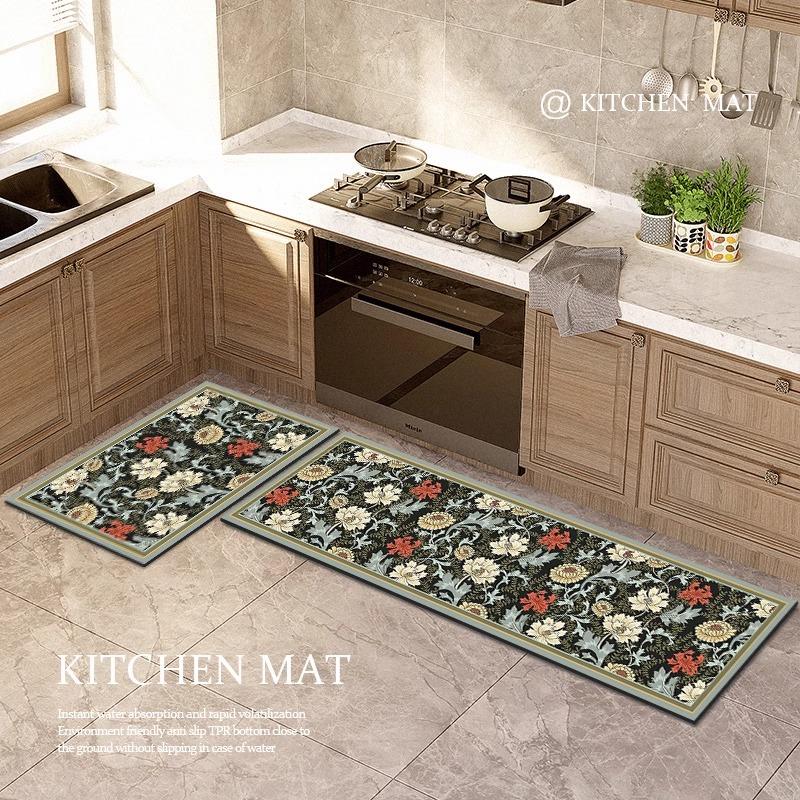Washable Non-slip Kitchen Rug Pvc Leather Waterproof Anti-slip Floor Mat Long Rugs Oil-proof Foot Mats Pink Flower Home Carpet