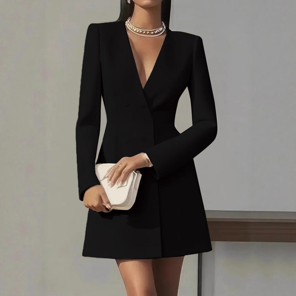 Europe, America, Autumn Double-breasted Solid Color V-neck Suit French Women's Long-sleeved Dress Women's