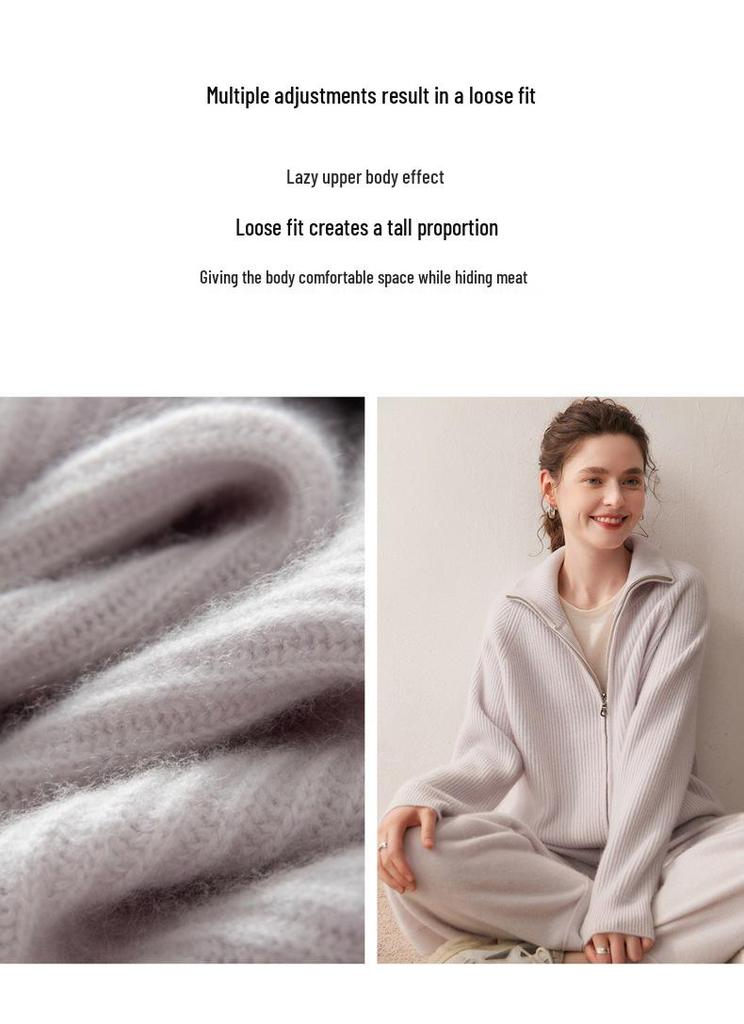 2025 Autumn/Winter Thick Double Zipper Cashmere Knit Cardigan for Women - High Collar Ribbed Long Sleeve Outerwear