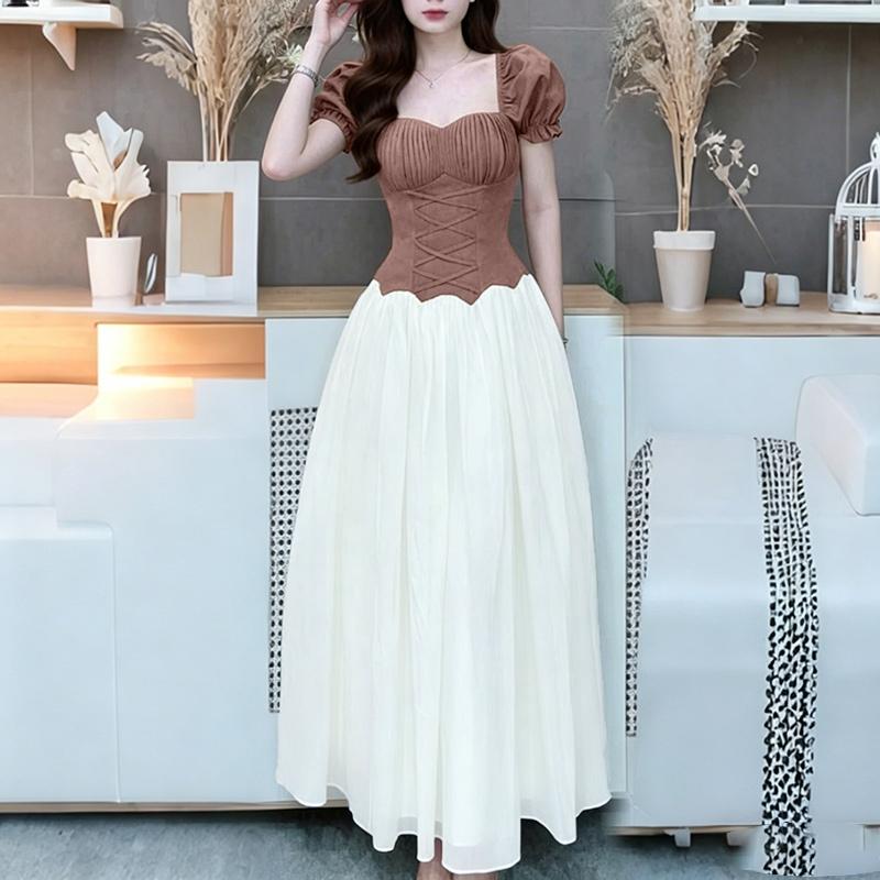 ZANZEA Women Elegant Square Collar Casual Short Sleeve Splice Long Dress