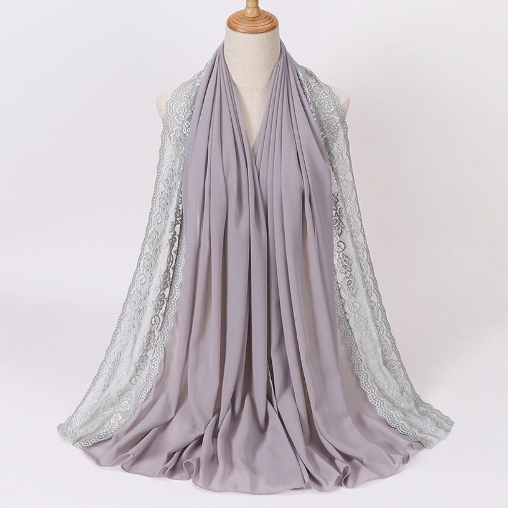 Solid Color Silk Scarf Lace Edge Ramadan Headscarf Versatile Sunscreen Shawl  Women Headwear