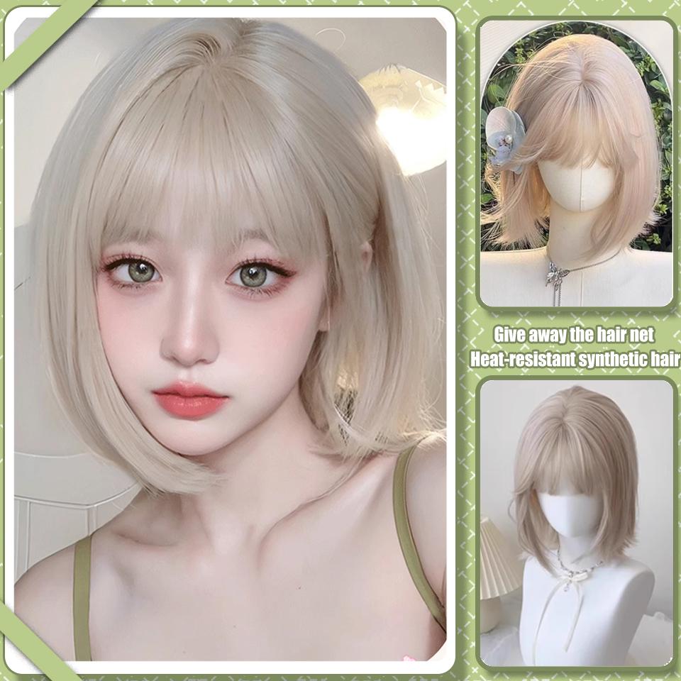 

Короткий прямой синтетический парик из бежевых волос BOBO Head, нежный пушистый, косплей, прямая челка, лолита, парик для вечеринки 33CM