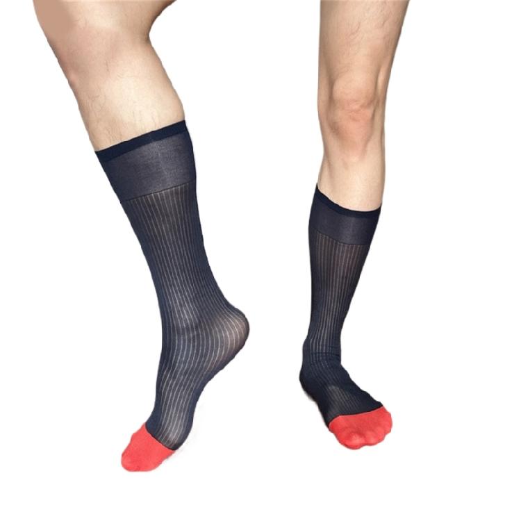 Chaussettes pour homme à rayures contrastées, transparentes, style costume, haute élasticité, confortables, respirantes, ultra fines, au-dessus du mollet, pour le travail