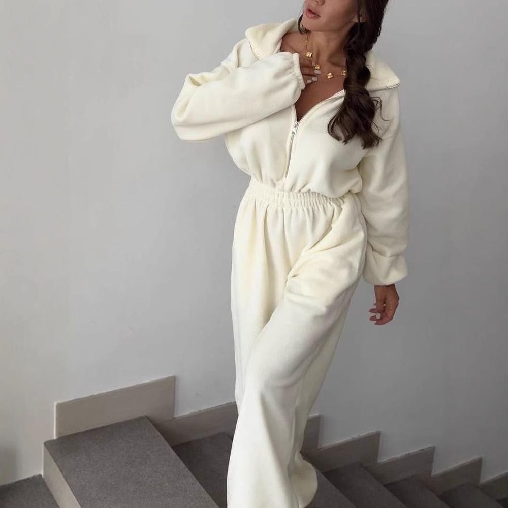 European & American Women's Spring/Autumn Long Sleeve Jumpsuit - Casual Half Open Neck, Elastic Waist Set
