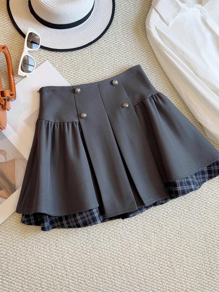 Women's College Style A-Line Plaid Patchwork Skirt - High Waist Flared, Spring 2026