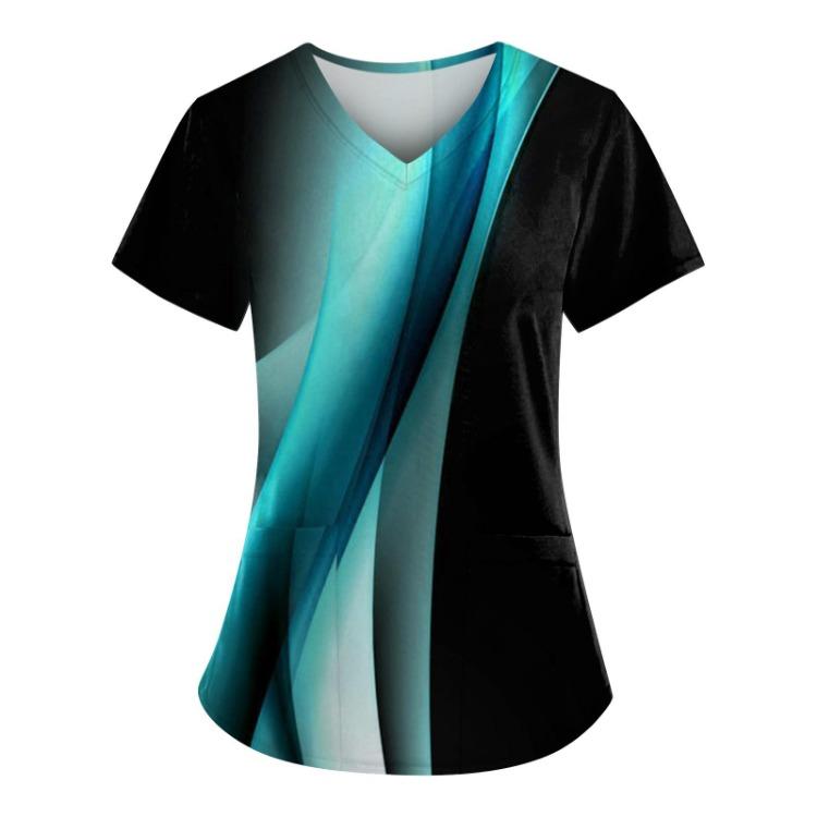 Plus Size Scrub Tops Women V Neck Short Sleeve Work Uniform Printed Tee With Pockets Fun T Shirts Workwear