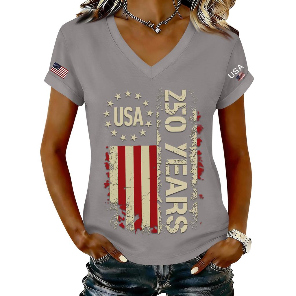 Women's Fashionable V-Neck Casual Retro Print Short Sleeved T-shirt Top