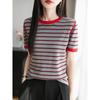 New Summer Pure Cotton Knitted Casual Loose Bottom Striped Color-blocking Short-sleeved Korean Version Simple Top Short-sleeved Women's Style