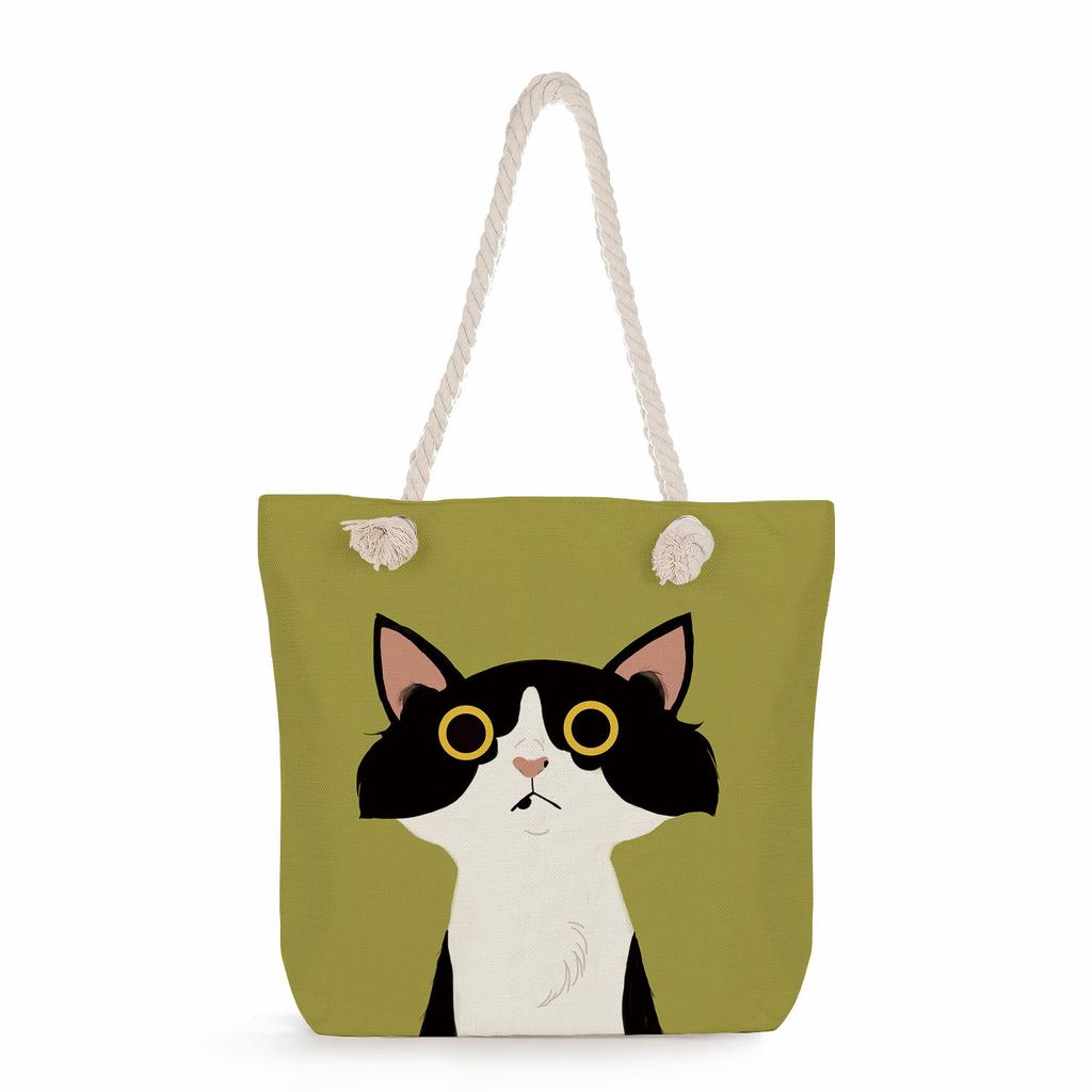 Cartoon cat print thick rope single-shoulder beach bag 7233