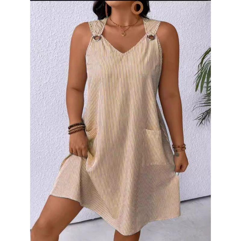 Europe and America Cross Border Export Summer Tide Casual Women's Stripes Sleeveless Sling Dress Pocket Vest Short Skirt Plus Size Loose