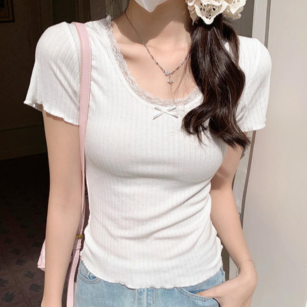 GMXIA Women's Pure Desire Wind Bow Short Sleeve T-shirt Women Sweet and Spicy Inner Bottom Top