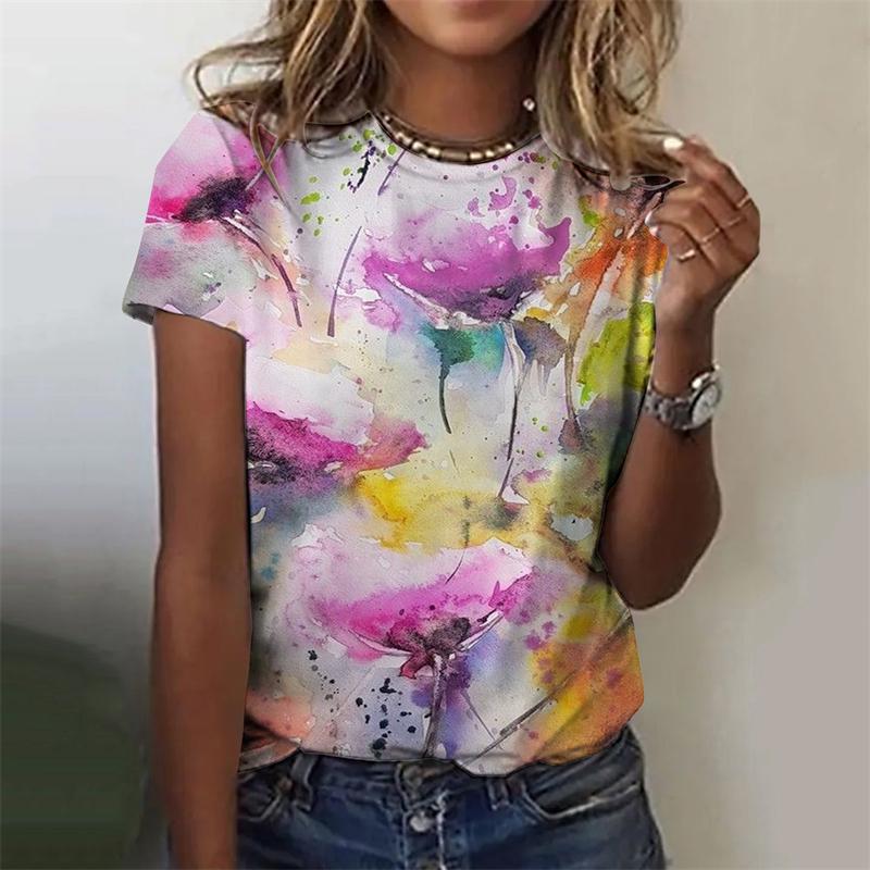 Dámská trička Letní móda 3d Květiny Potisk Krátký rukáv Top Dámské Oblečení O Vršek Trička Trička Harajuku Žena