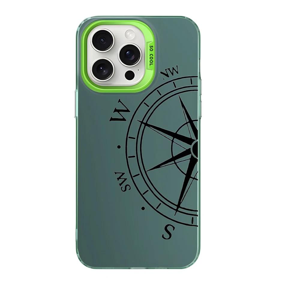 Fashion Vintage Compass Phone Case for iPhone 16 12 13 Mini 11 14 15 Pro Max XR 8 Plus Sturdy Hard IMD Plastic Shockproof Cover_